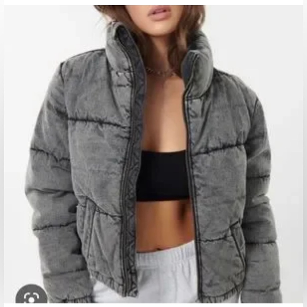 Garage acid wash denim puffer jacket grey black
